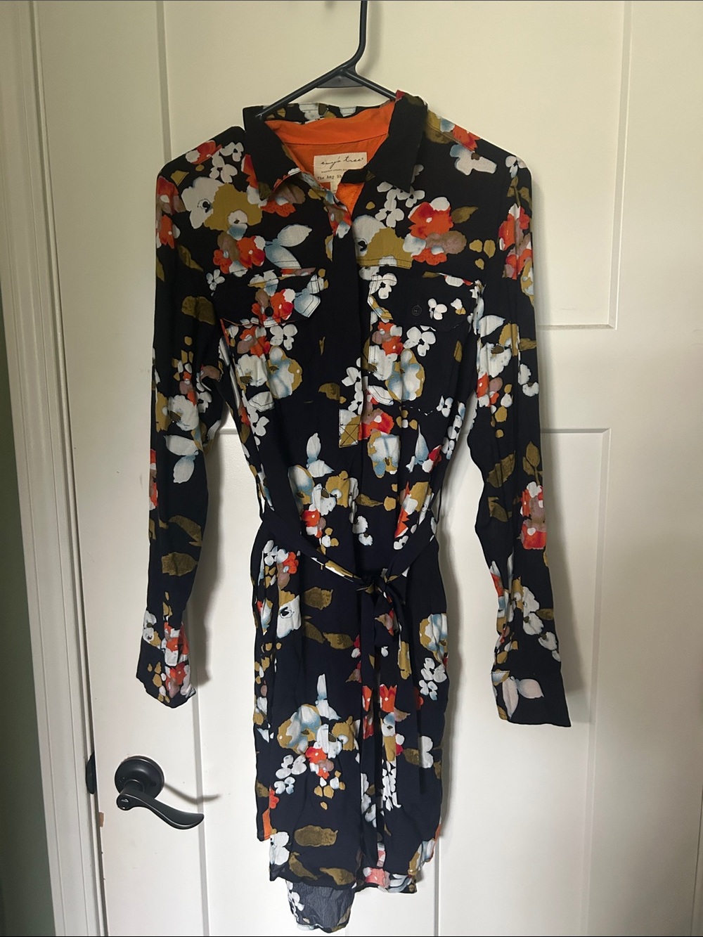 evy's tree Black Floral Tie-Waist Shirt Dress with Red, White & Olive Accents